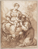 K 023
<br/>
Madonna en Kind, gezeten op wereldbol, verschijnen aan een Fransiscaner monnik
<br/>
<em>Piola, Domenico (1627-1703)</em>